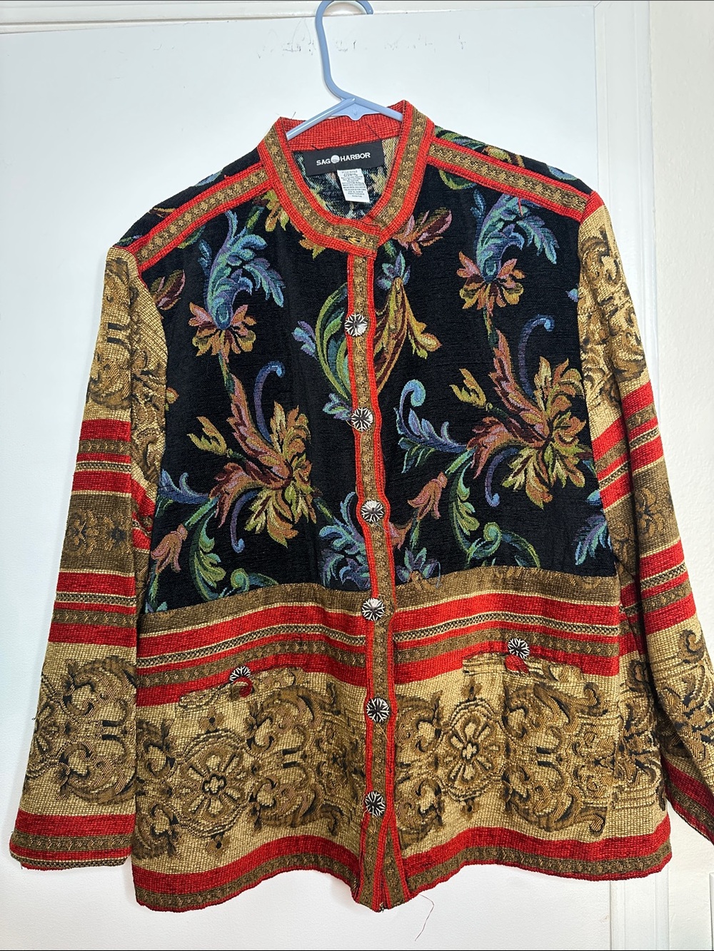 Sag Harbor Black Tapestry Jacket with Gold and Red Trim